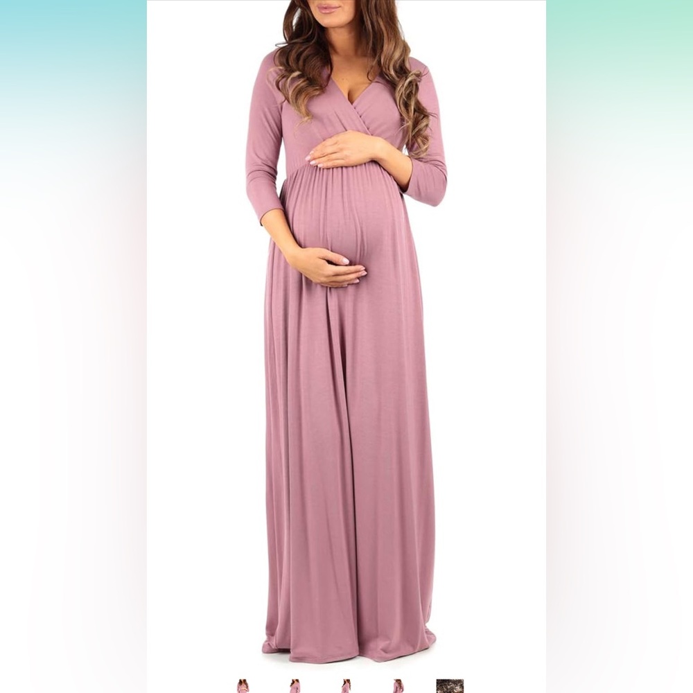 Pink Mother Bee Maternity V-Neck 3/4 Sleeve Ruched Waist Dress in size medium - Picture 4 of 7
